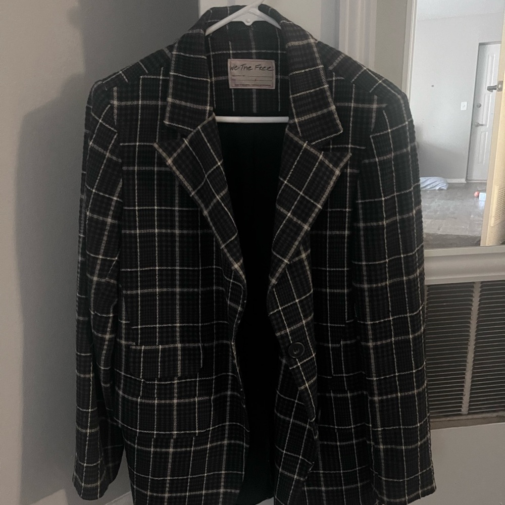 Free People Women's Black and White Checkered Blazer